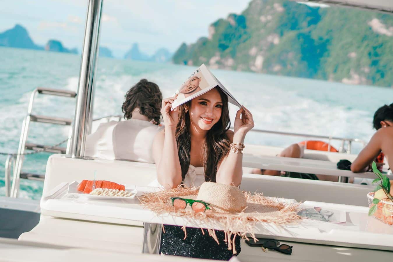 James Bond Luxury Boat girl sat waiting for food James Bond Luxury Boat girl sat waiting for food