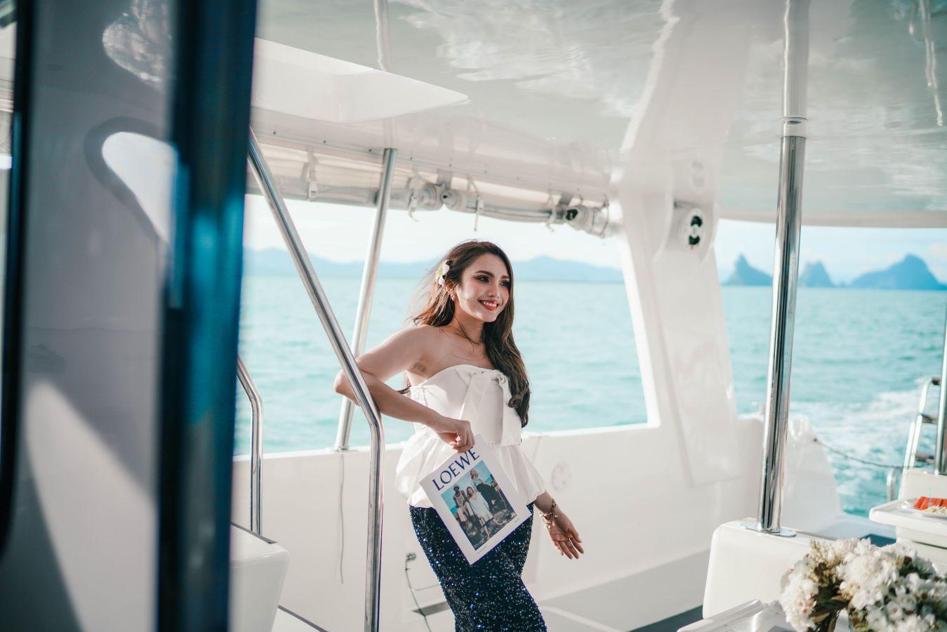 girl stood James Bond Luxury Boat girl stood James Bond Luxury Boat