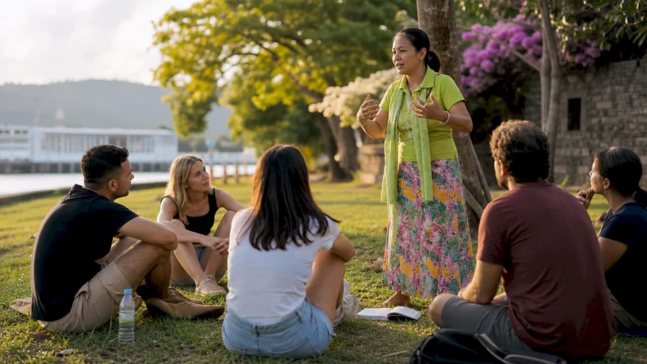 Local guide storytelling to tourists outdoors
