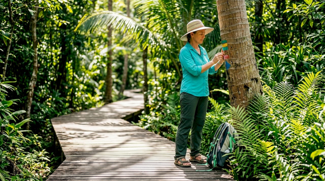 Adventure guide inspecting trail blaze in jungle