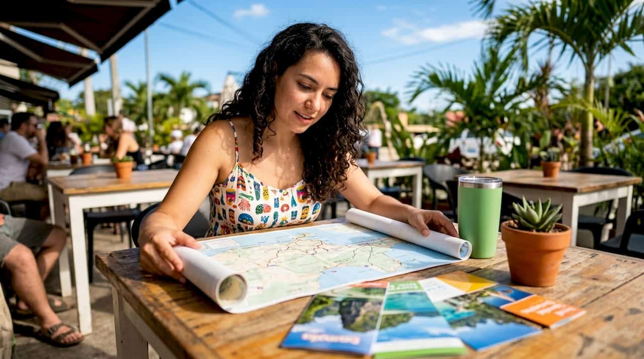 Woman planning multi-activity tour with map and notes