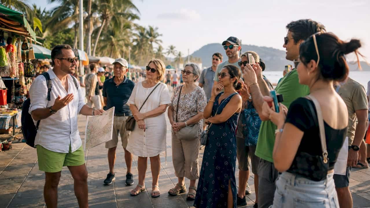 Expert tour guide engaging small group outdoors