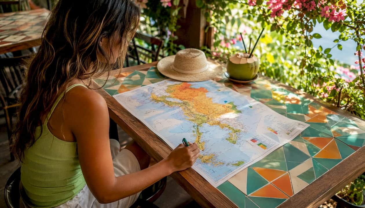 Traveler pointing at Thailand temperature map