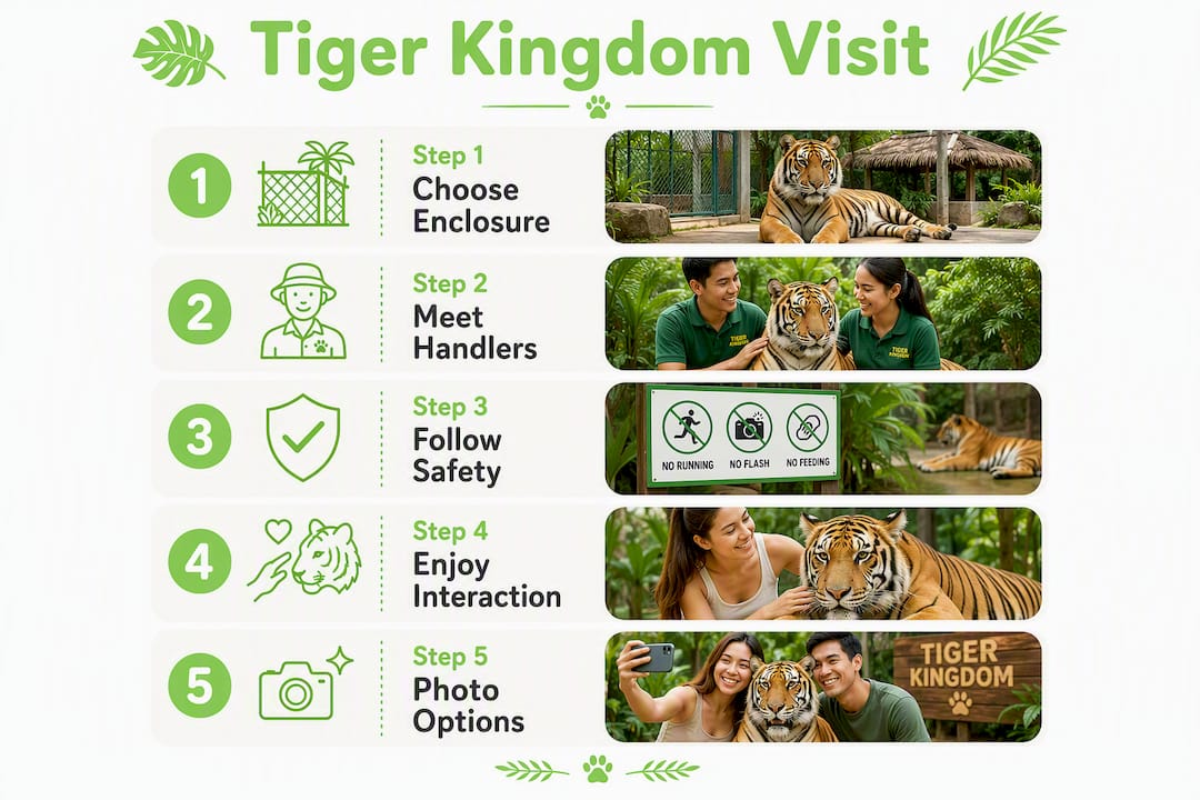 Infographic illustrating Tiger Kingdom visit steps