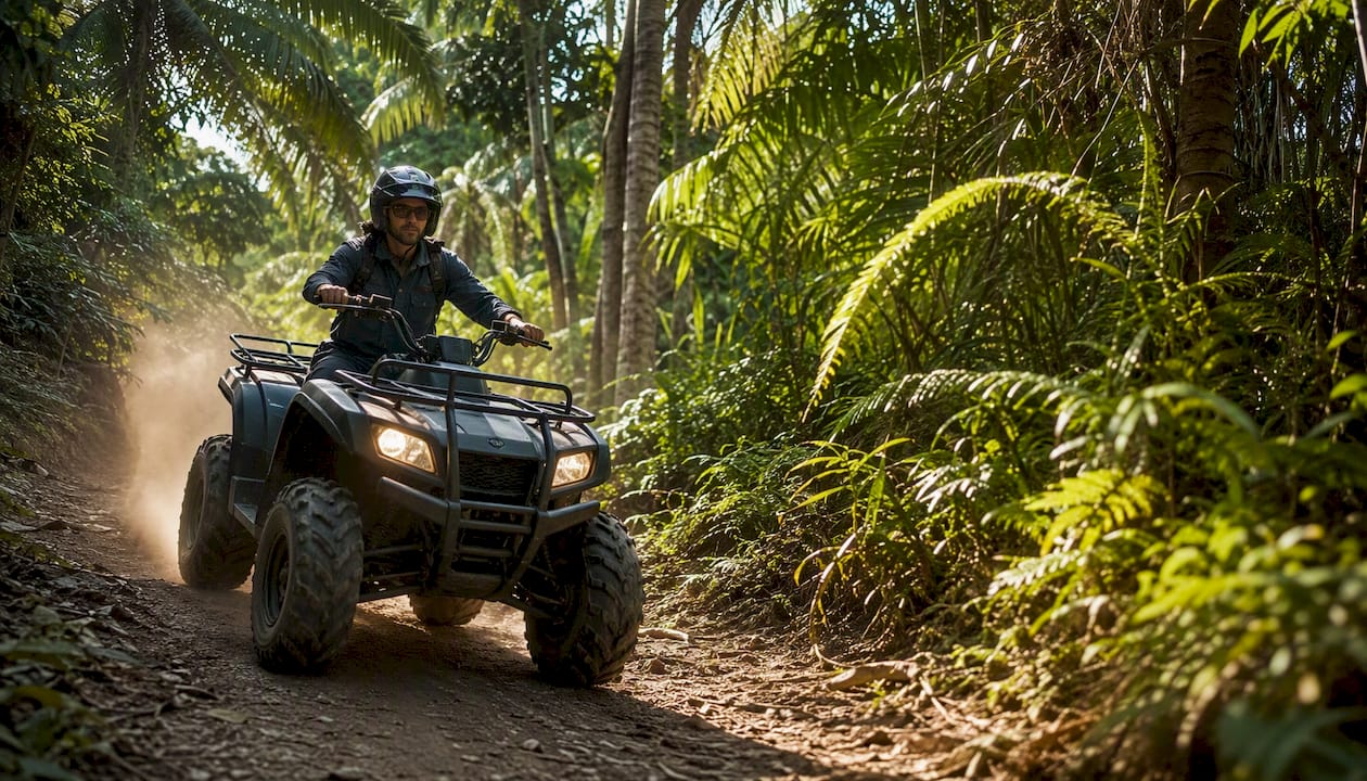 Rider on ATV trail in tropical forest
