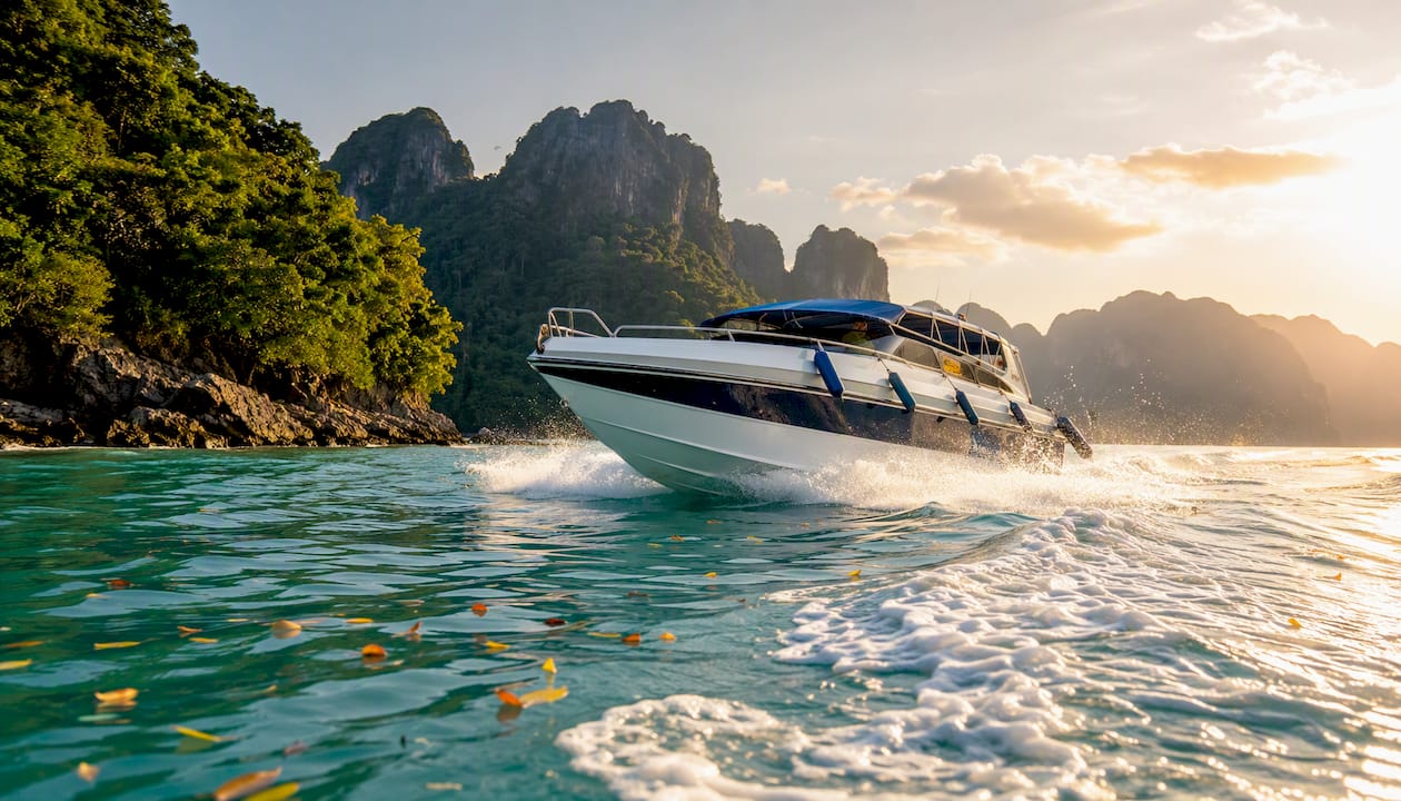 Speedboat wake on turquoise sea
