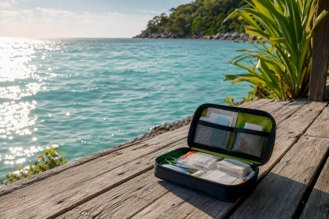 Open first aid kit for snorkeling injuries