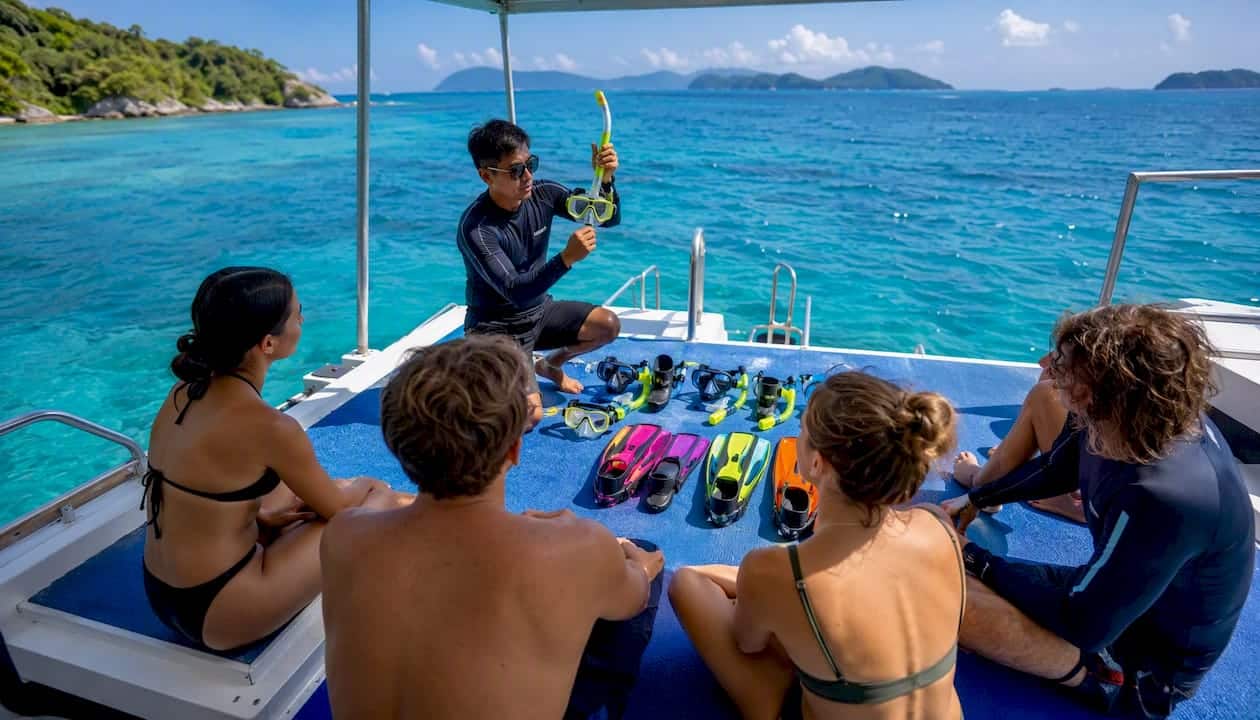 Small snorkel group safety briefing on boat