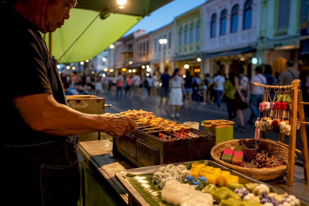 Vendor grilling food at Phuket Sunday market