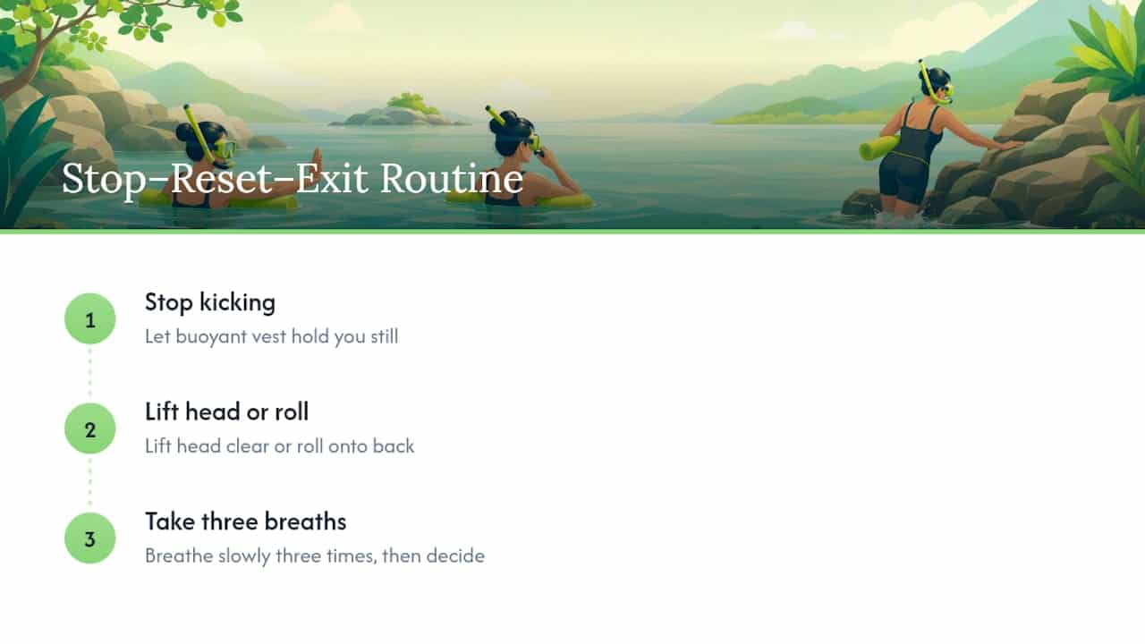 Three-step stop reset exit snorkeling routine