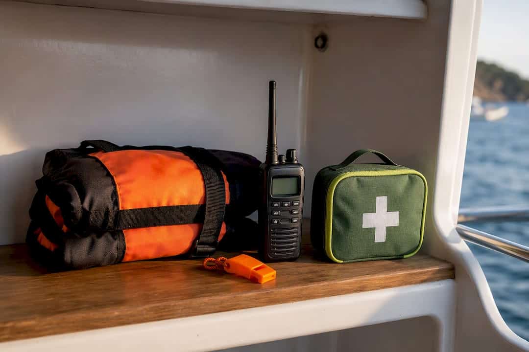Life jacket radio and first aid kit