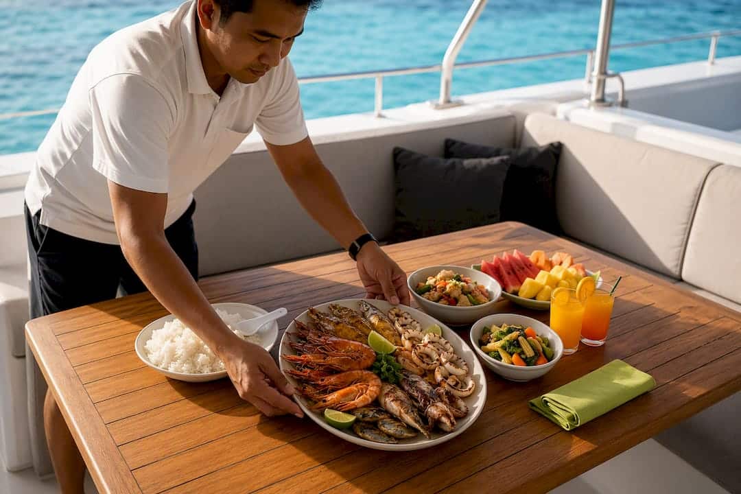 Buffet lunch served on catamaran deck