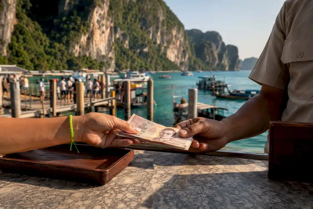 Visitor paying Phi Phi park fee in cash