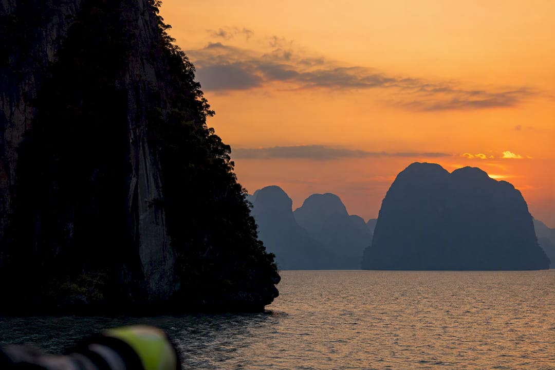 Layered Phang Nga Bay karsts at sunset