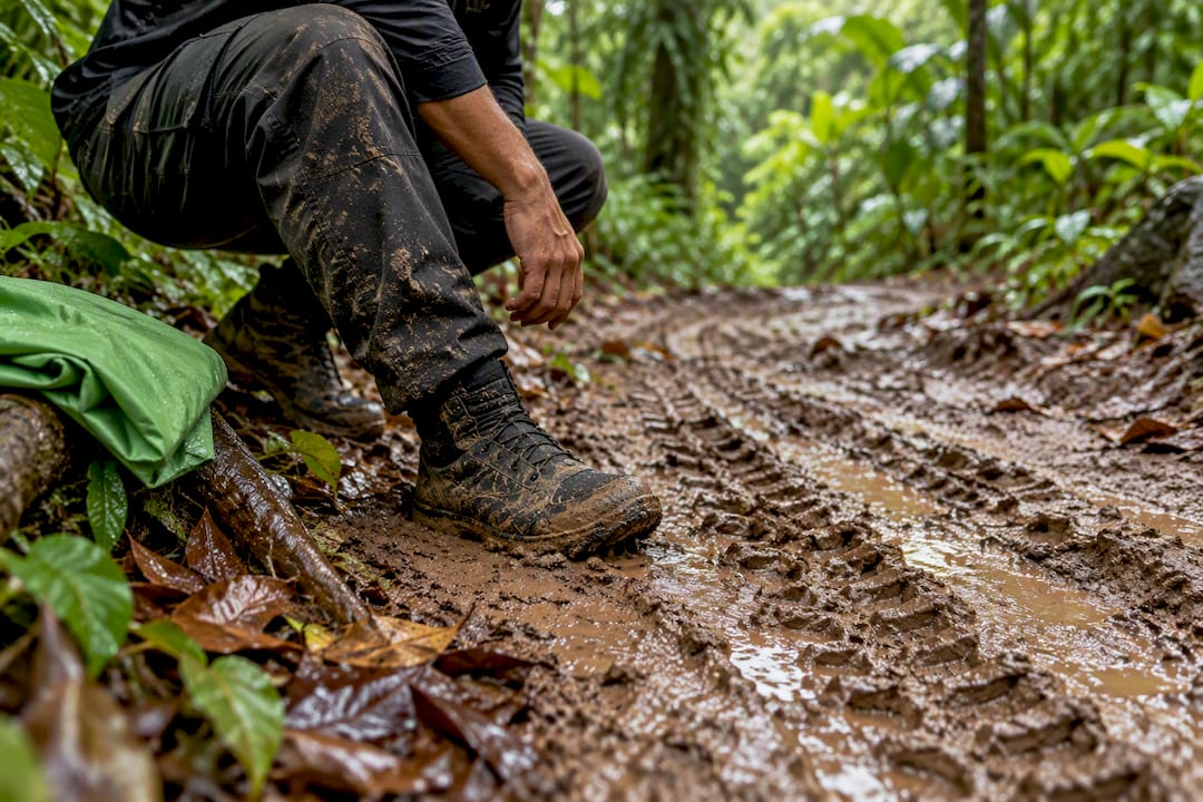Guide checking traction on muddy trail
