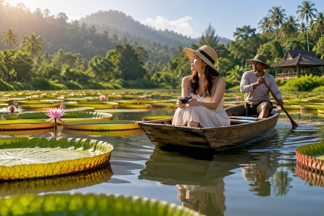 Small boat among Ma Doo Bua lily pads