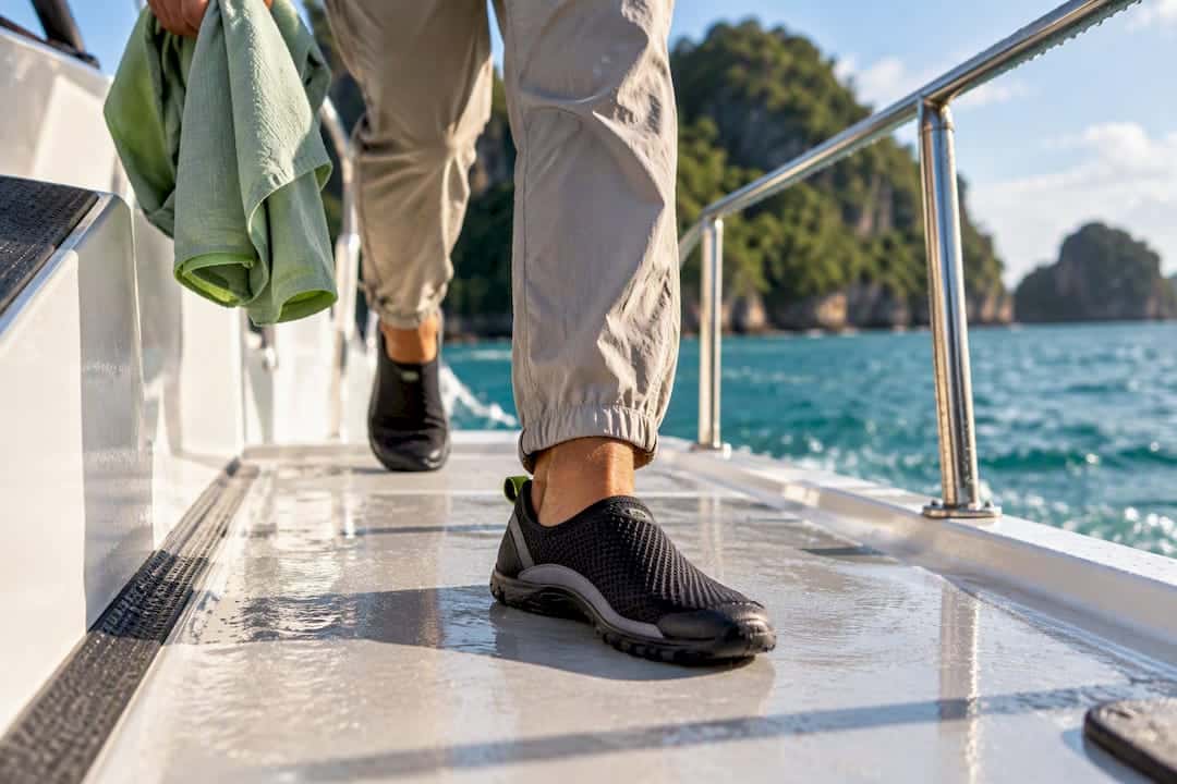 Water shoes and quick-dry clothing on deck