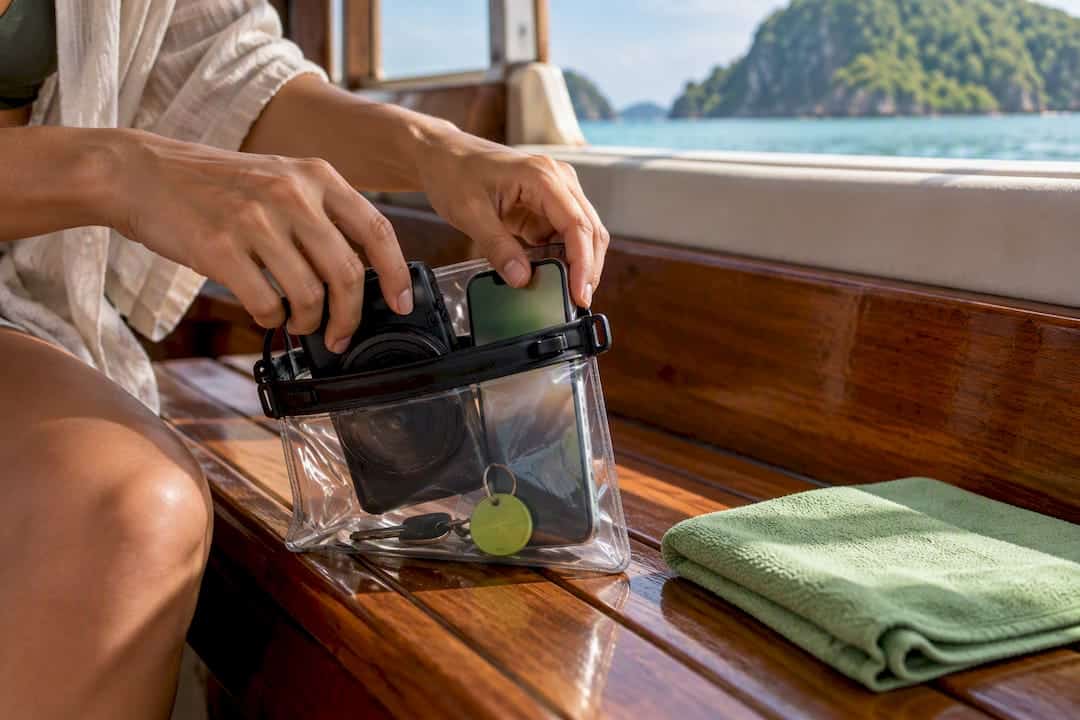 Camera and phone placed in waterproof pouch