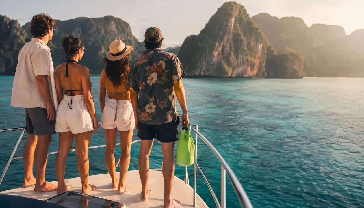 Travelers viewing Phi Phi limestone islands