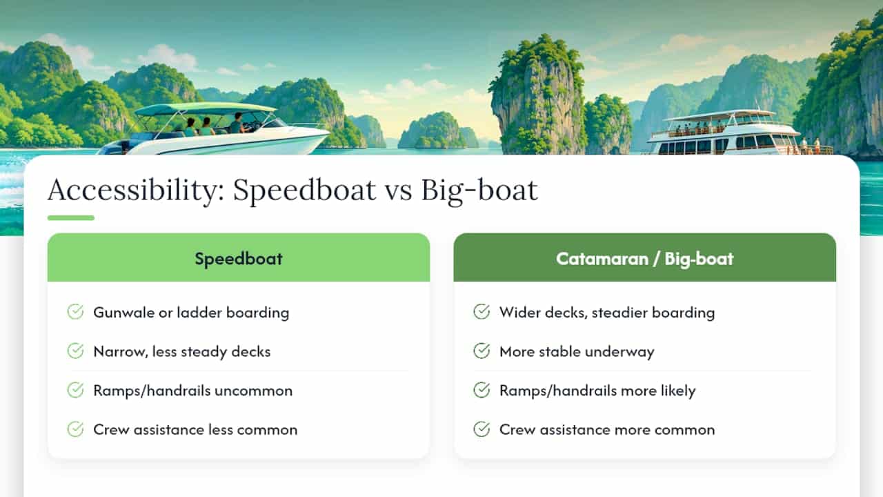 Accessibility comparison for Phuket boat tours