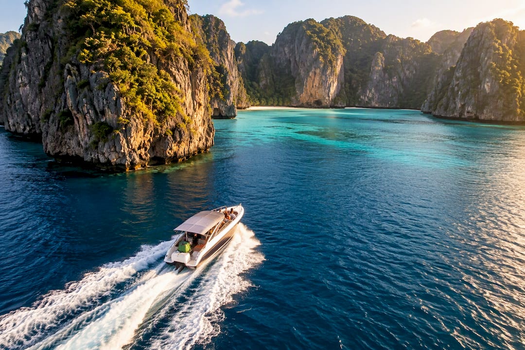 Speedboat approaching Maya Bay cliffs