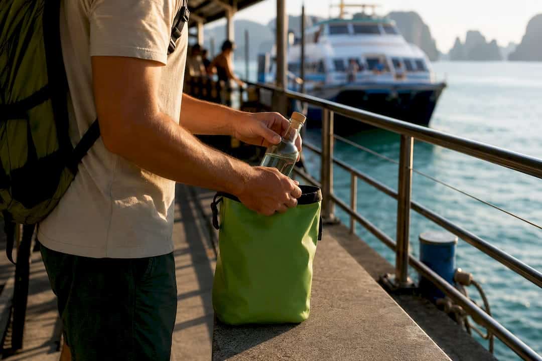 Traveler sealing alcohol before ferry boarding