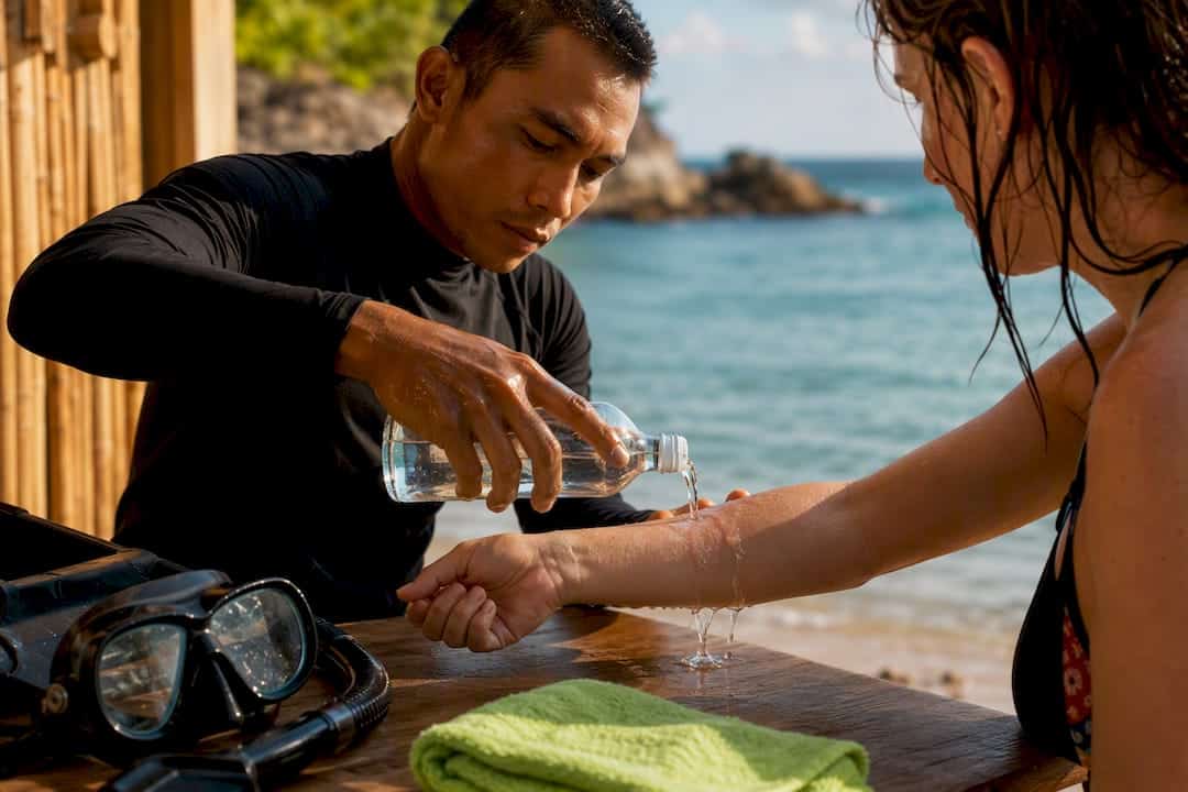 Guide applying vinegar after jellyfish sting