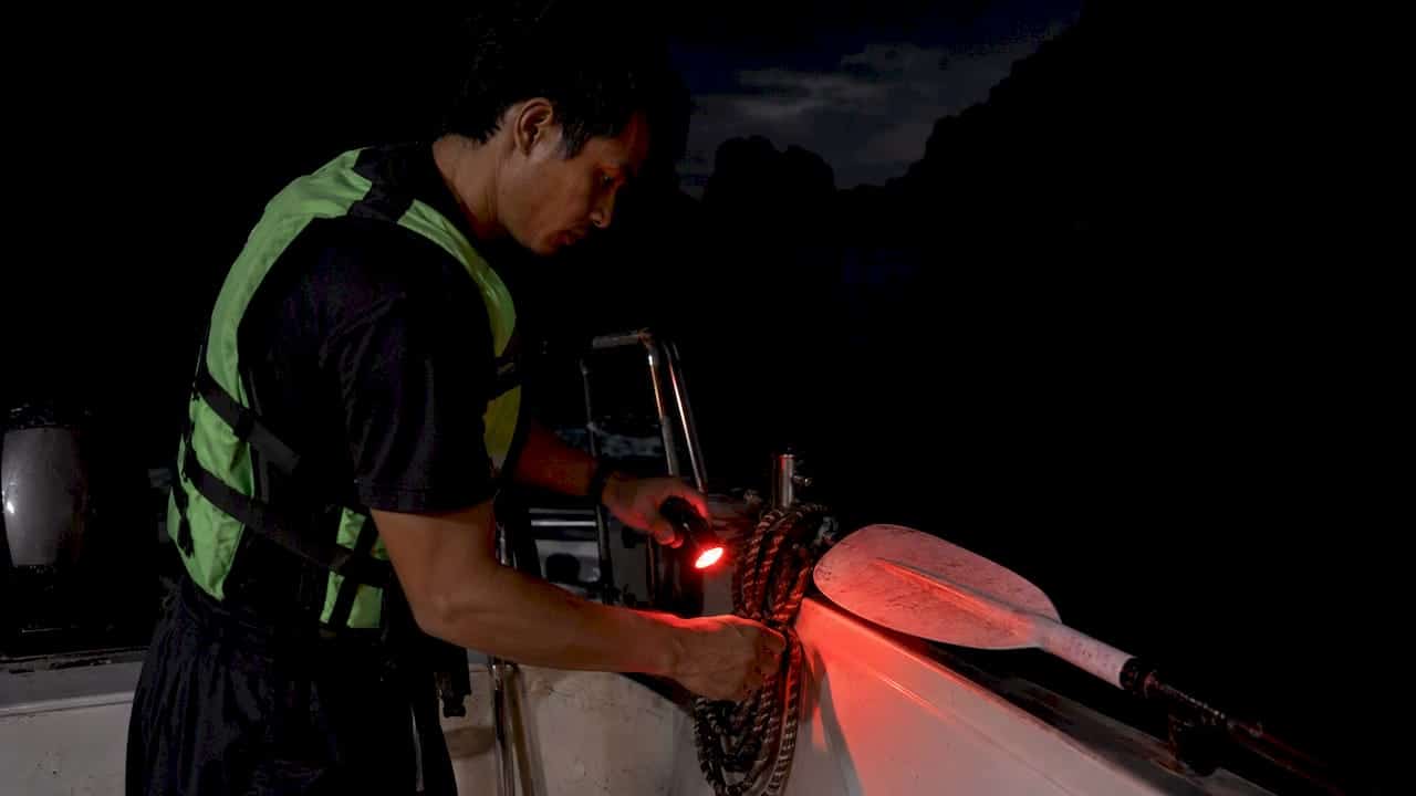 Guide using red light on night boat