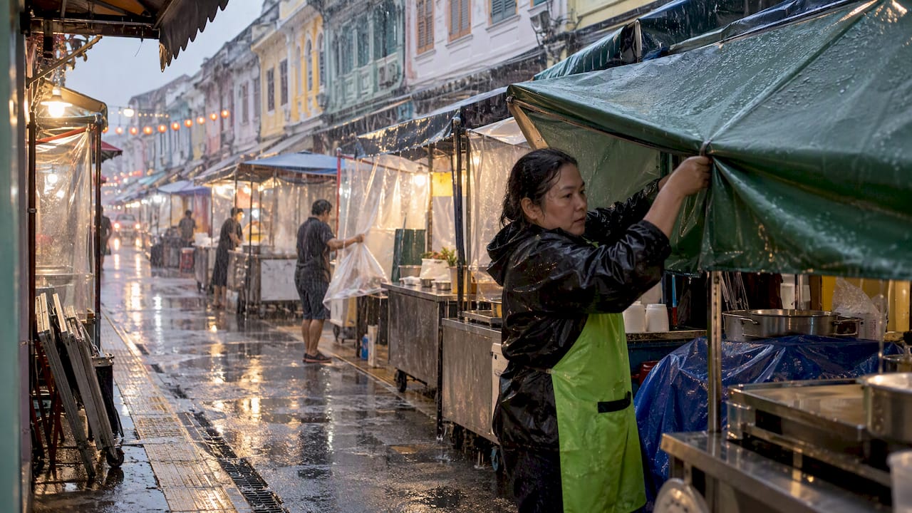 Rain closing stalls in Phuket Old Town