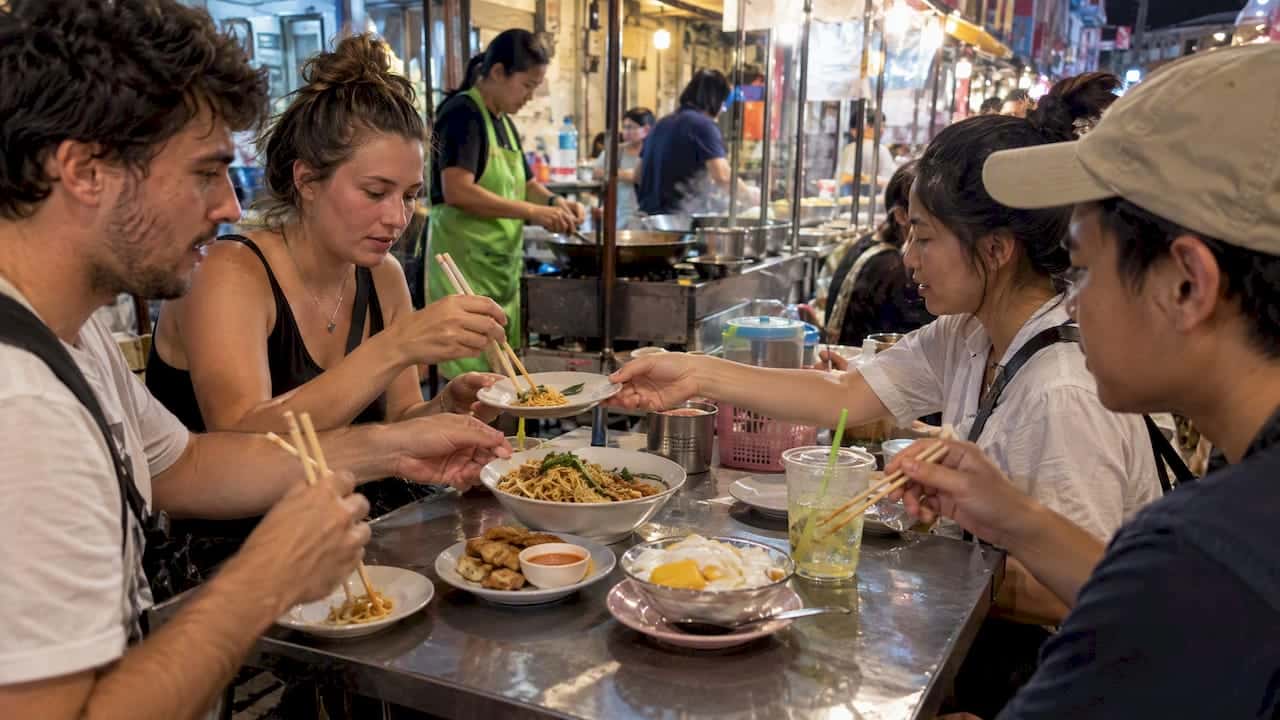 Travelers sharing dishes at Lard Yai