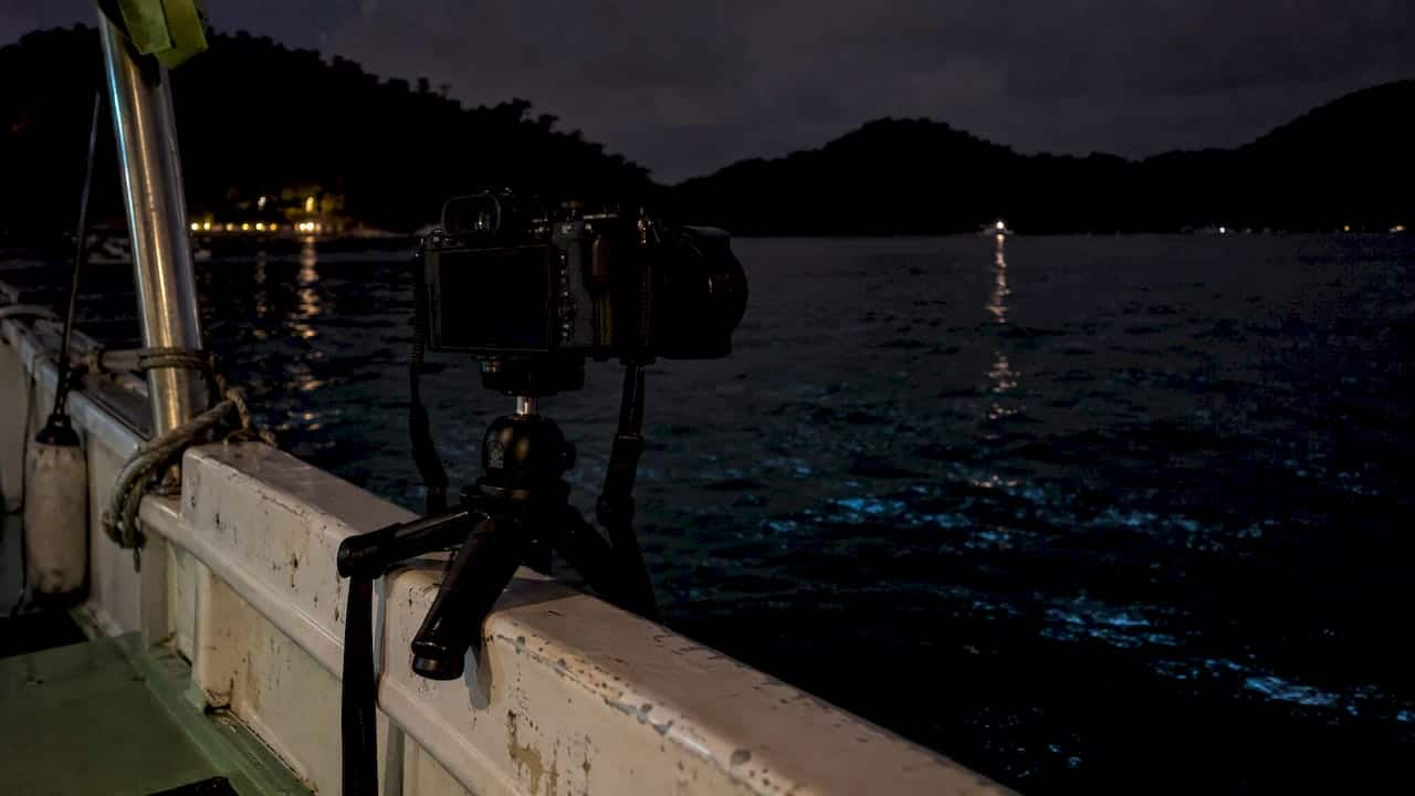 Camera on tripod aimed at glowing bay water