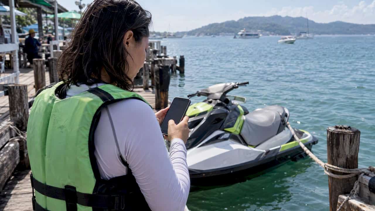 Visitor checks insurance beside a Phuket jet ski