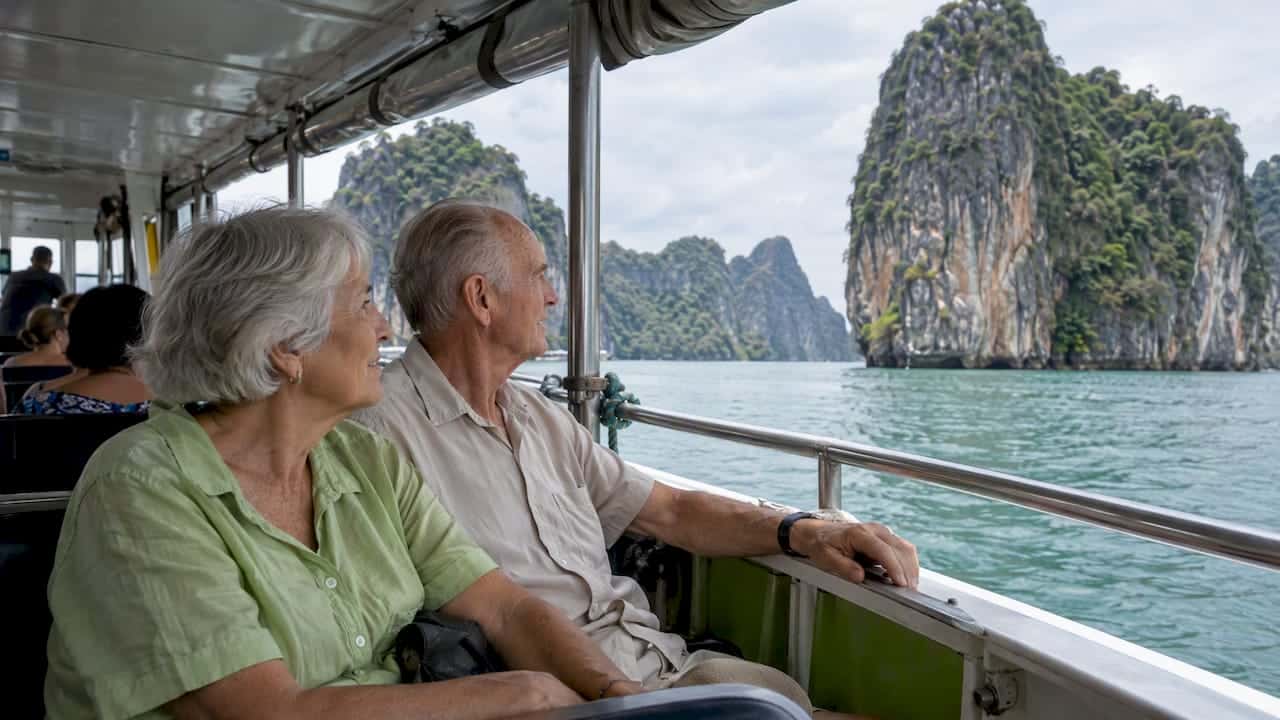 Older couple seated aboard a boat in Phang Nga Bay