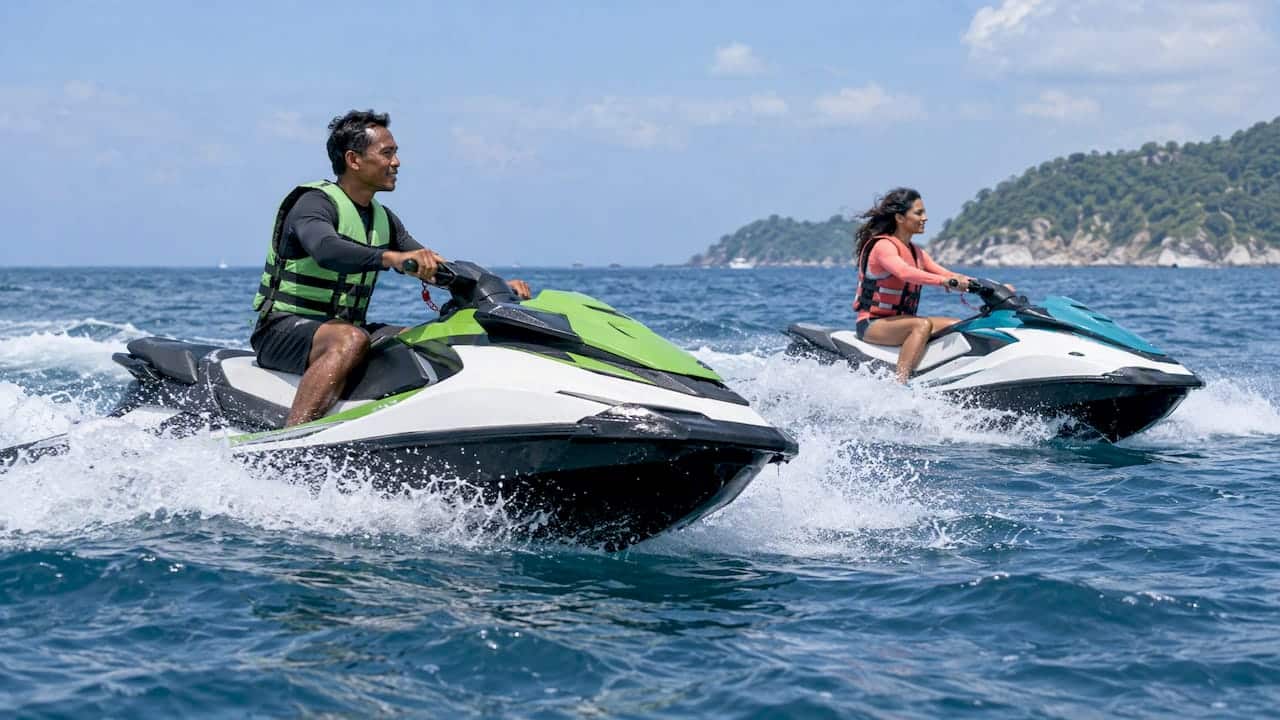 Guide leading a guest on Phuket jet skis