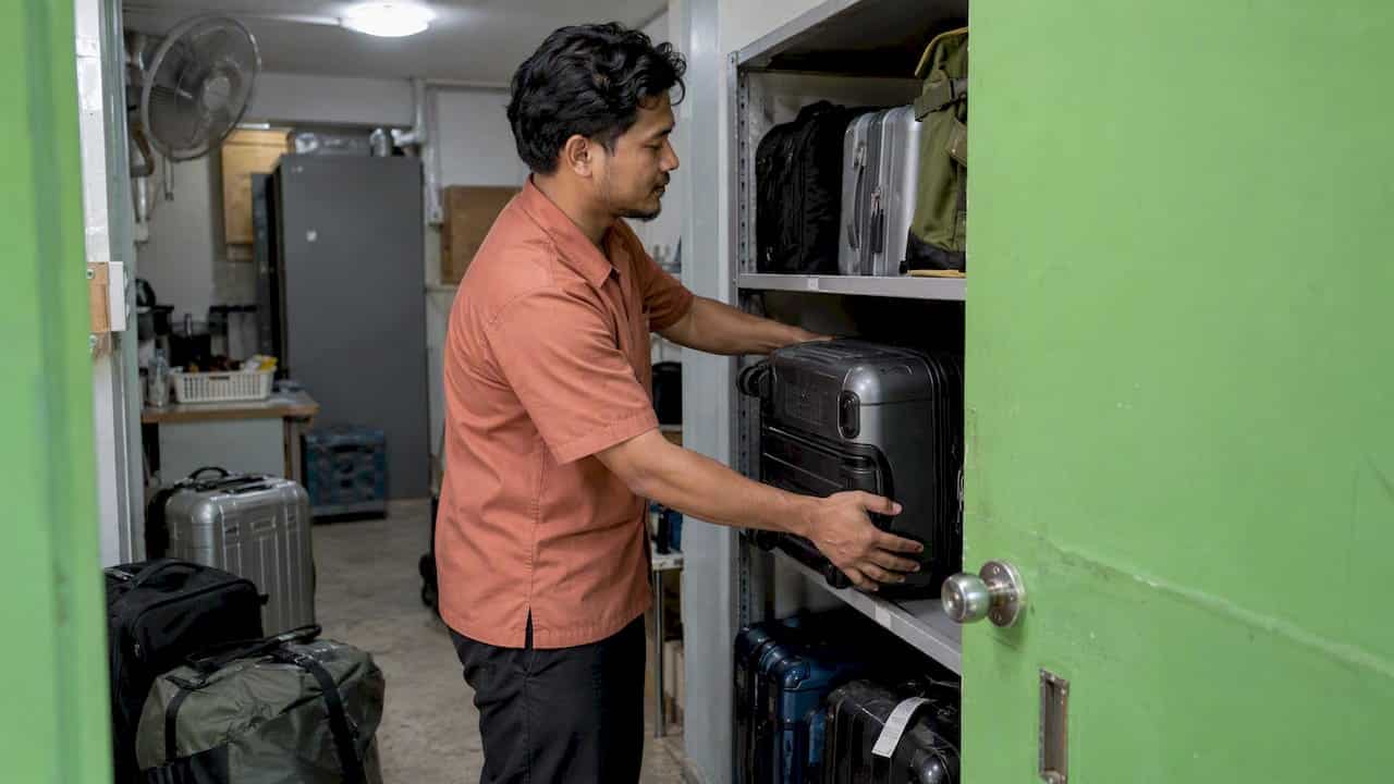 Hotel attendant storing a guest’s suitcase