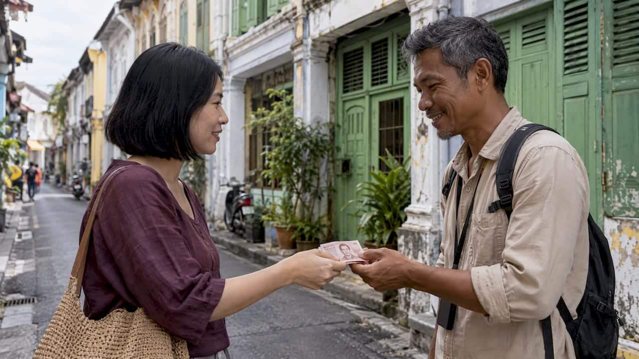 Guest thanks a Phuket walking-tour guide with cash